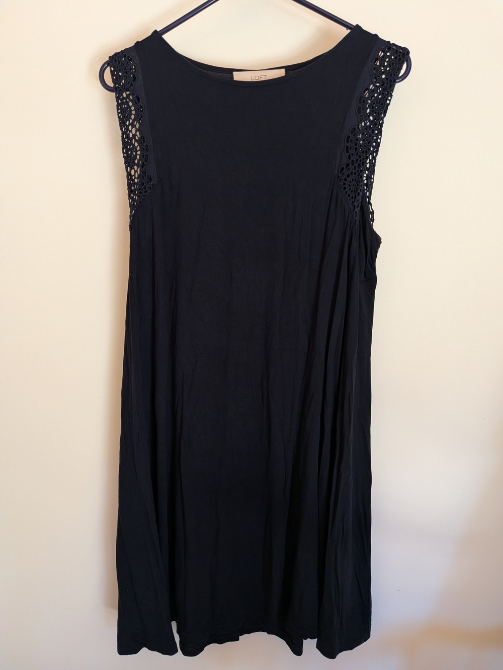 LOFT Navy Sleeveless Midi Dress with Crochet Shoulders